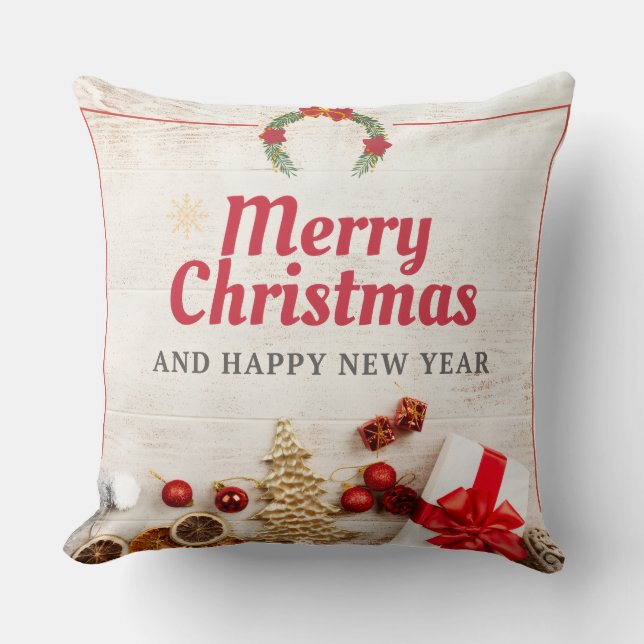 Rustic Merry Christmas Throw Pillow with Wreath |  (Front)