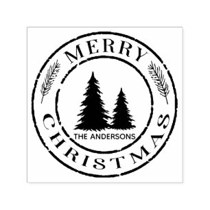 Rustic Merry Christmas Tree Custom Address Self-inking Stamp
