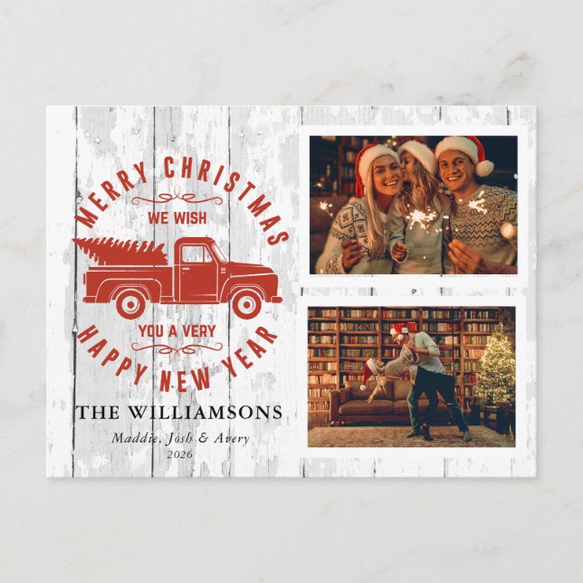 Rustic Merry Christmas Tree Red Truck Photo  Holiday Postcard (Front)