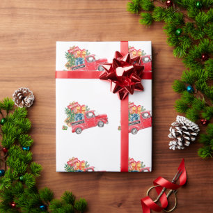 Rustic Merry Christmas Tree Vintage Red Truck Name Wrapping Paper