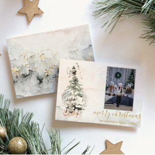 Rustic Merry Christmas Tree Watercolor Photo Holiday Card
