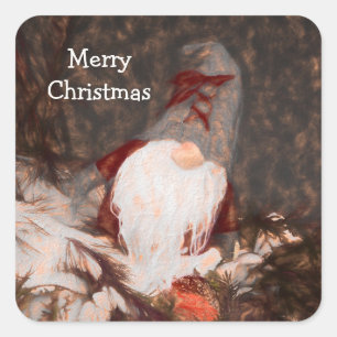 Rustic Merry Christmas Vintage Gnome Holiday Tree Square Sticker