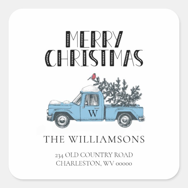 Rustic Merry Christmas Vintage Truck Monogrammed  Square Sticker (Front)