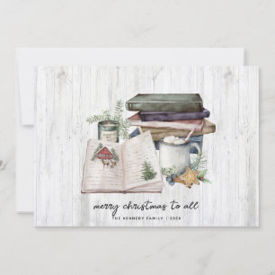 Rustic Merry Christmas White Wood Watercolor  Holiday Card