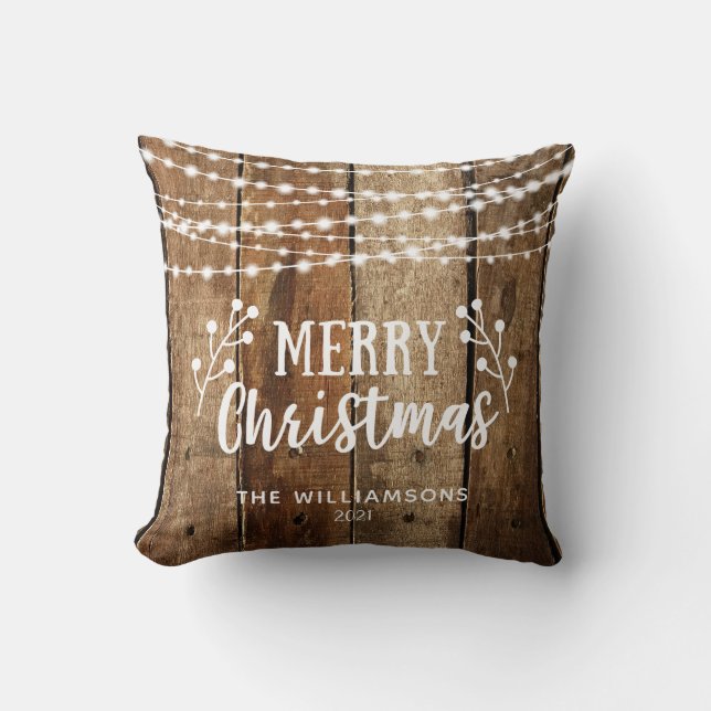 Rustic Merry Christmas Wood and Lights Name Cushion (Front)