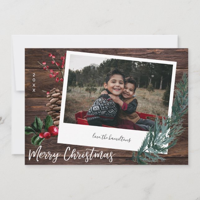 Rustic Merry Christmas- Wood & Instant Photo  Invi Invitation (Front)