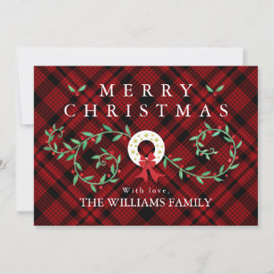Rustic Merry Christmas Wreath Red Plaid Family Holiday Card