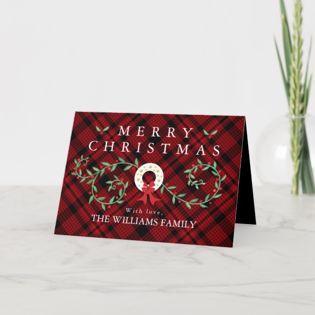 Rustic Merry Christmas Wreath Red Plaid Family Holiday Card (Front)