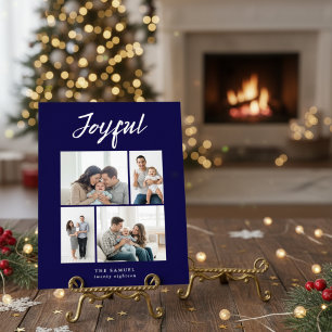Rustic Merry Four Family Photo Collage Navy Blue Holiday Card