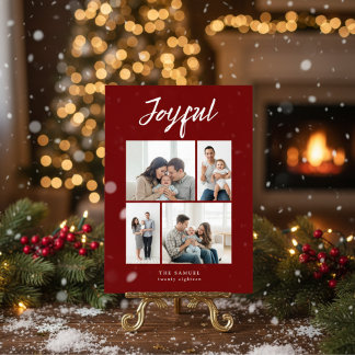 Rustic Merry Four Family Photo Collage Red Holiday Card