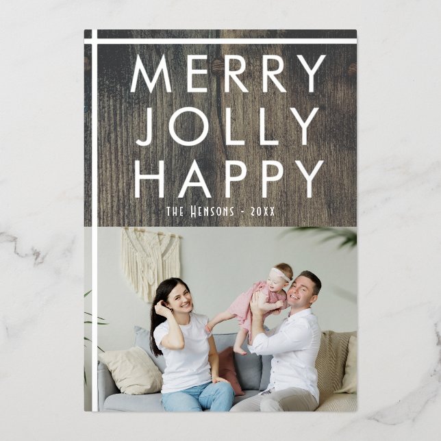 Rustic Merry Jolly Wood Family Photo Christmas Foil Holiday Card (Front)