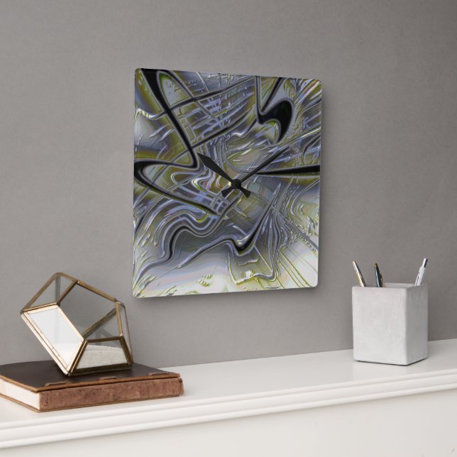 Rustic messy traces on a soft yellowish green grey square wall clock (Office)