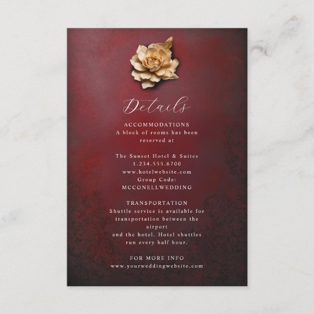 Rustic metallic flower wedding details card (Front)