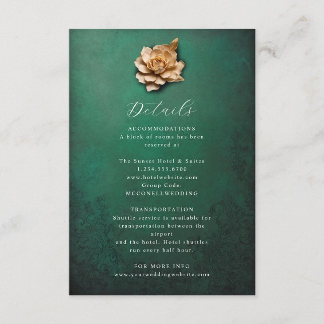 Rustic metallic flower wedding details card (Front)