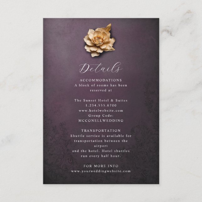 Rustic metallic flower wedding details card (Front)