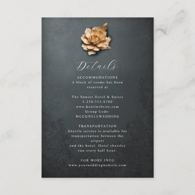 Rustic metallic flower wedding details card (Front)