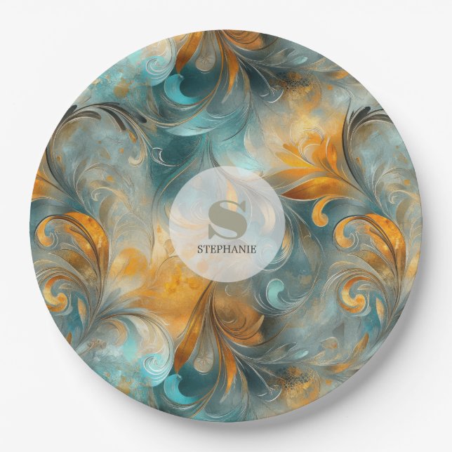 Rustic Metallic Paisley Abstract -Vintage-Inspired Paper Plate (Front)