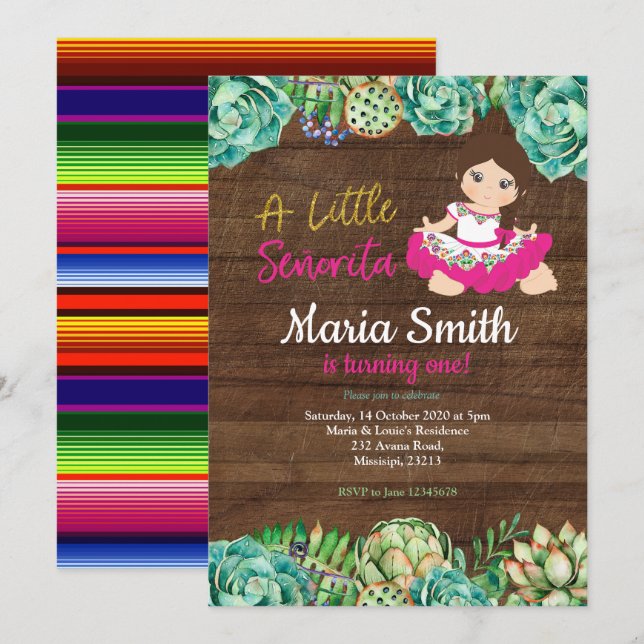 Rustic Mexican Cactus Fiesta 1st Birthday Girl Invitation (Front/Back)