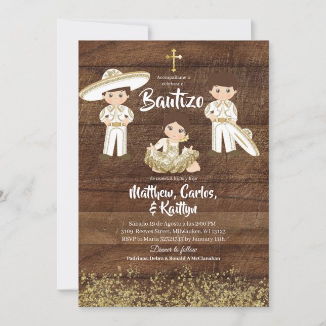 Rustic Mexican Cactus Gold Charro Sibling Bautizo Invitation (Front)