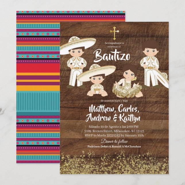 Rustic Mexican Cactus Gold Charro Sibling Bautizo Invitation (Front/Back)