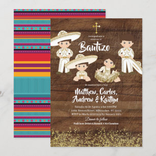 Rustic Mexican Cactus Gold Charro Sibling Bautizo Invitation