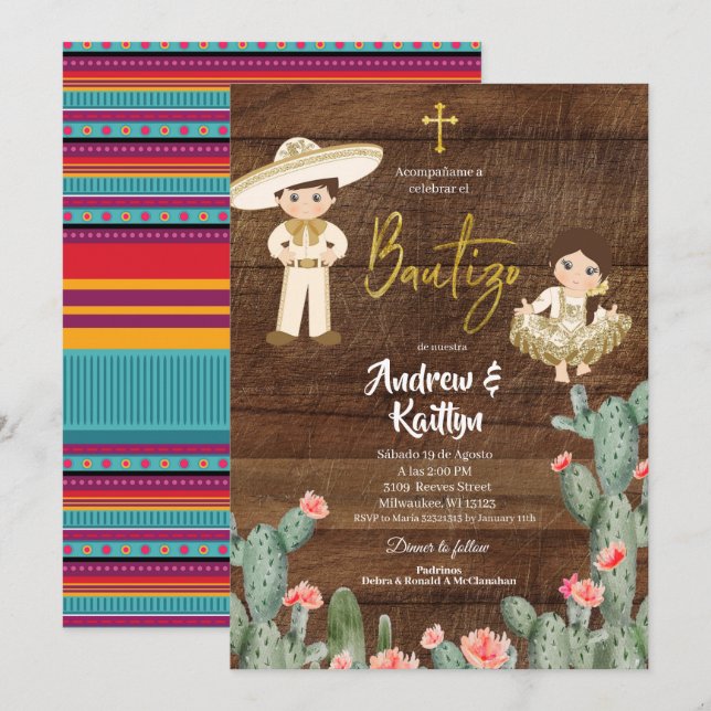 Rustic Mexican Gold Charro Boy Girl Twin Bautizo I Invitation (Front/Back)