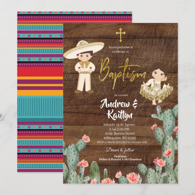 Rustic Mexican Gold Charro Boy Girl Twin Bautizo Invitation (Front/Back)