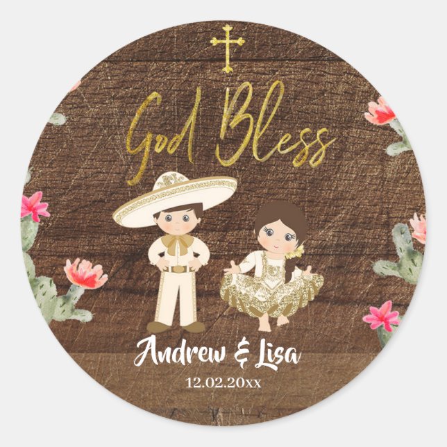 Rustic Mexican Gold Charro Twin Baptism Sticker (Front)