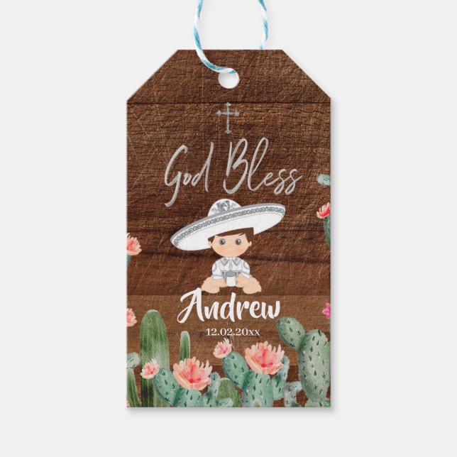 Rustic Mexican Silver Charro Baptism Favour Tag (Front)