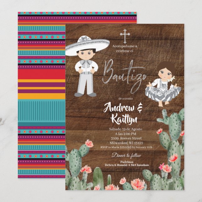 Rustic Mexican Silver Charro Boy Girl Twin Bautizo Invitation (Front/Back)
