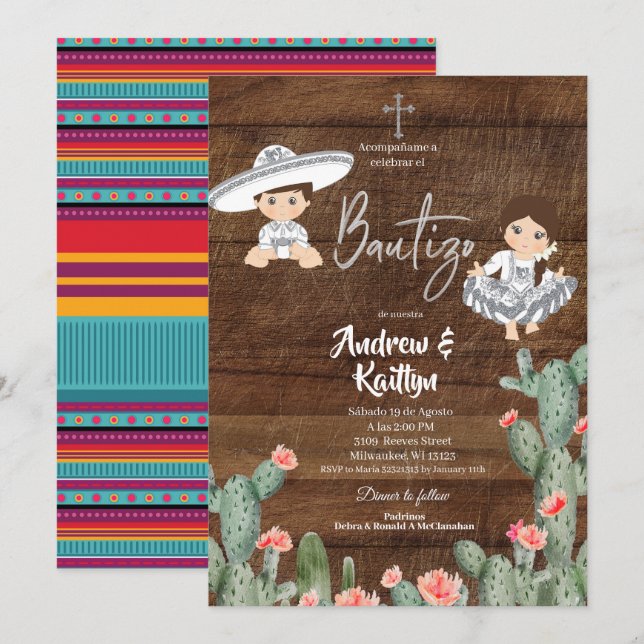 Rustic Mexican Silver Charro Boy Girl Twin Bautizo Invitation (Front/Back)