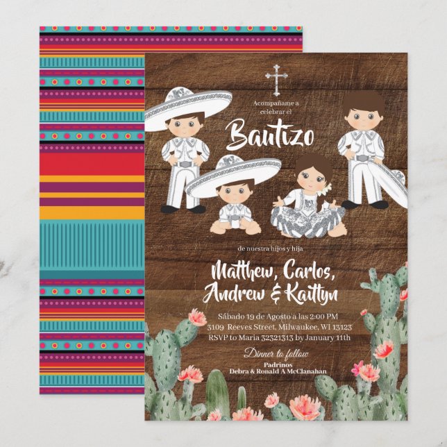 Rustic Mexican Silver Charro Sibling Bautizo Invitation (Front/Back)