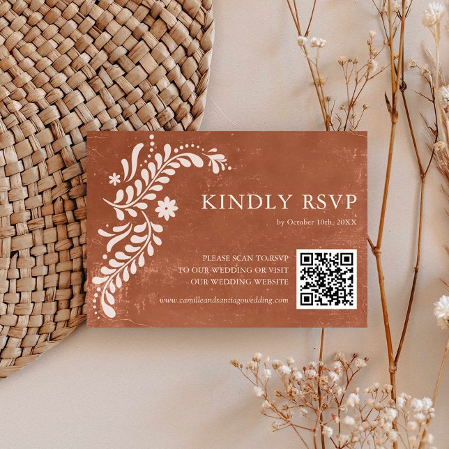 Rustic Mexican Terracotta Wedding QR Code RSVP Card (Terracotta Rustic Wedding QR Code Rsvp card)