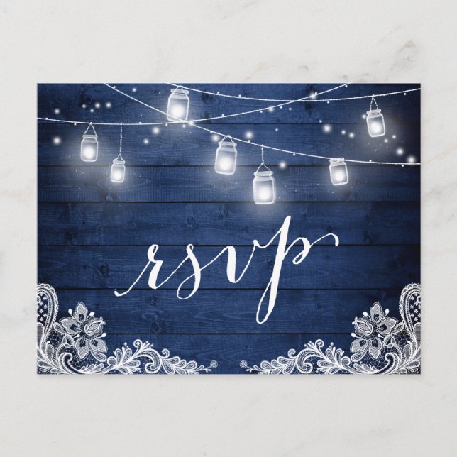 Rustic Midnight Blue Mason Jar Lights Wedding RSVP Invitation Postcard (Front)