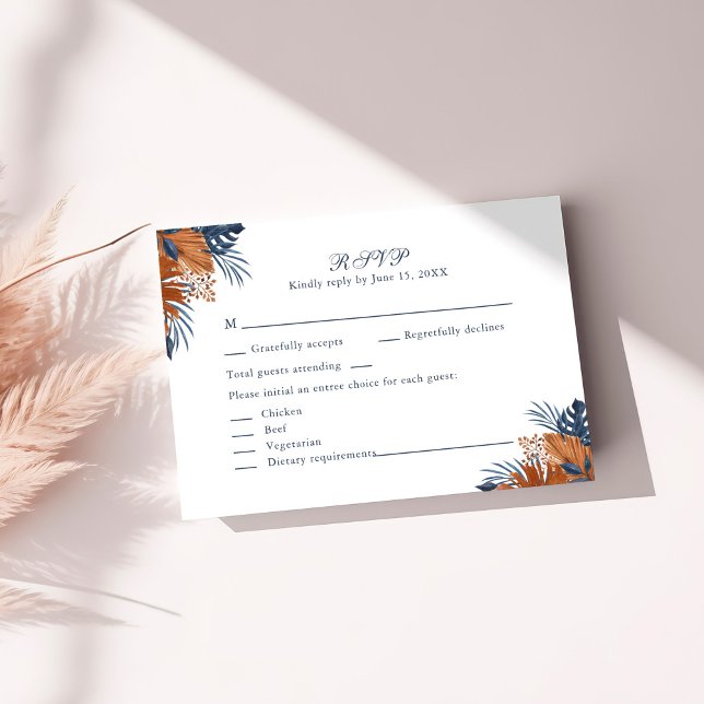 Rustic Midnight Blue Monstera RSVP Card (Rustic Midnight Blue Monstera RSVP Card on a sunny white table.)