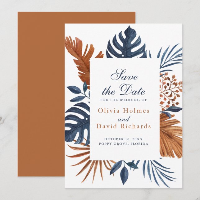  Rustic Midnight Blue Monstera Save the Date Card (Front/Back)
