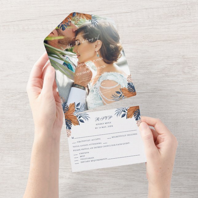 Rustic Midnight Blue Monstera Wedding All In One Invitation (Tearaway)