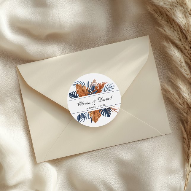 Rustic Midnight Blue Monstera Wedding Classic Round Sticker (Rustic Midnight Blue Monstera Wedding Classic Round Sticker on a wedding envelope.)