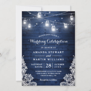 Rustic Midnight Blue String Lights Lace Wedding Invitation
