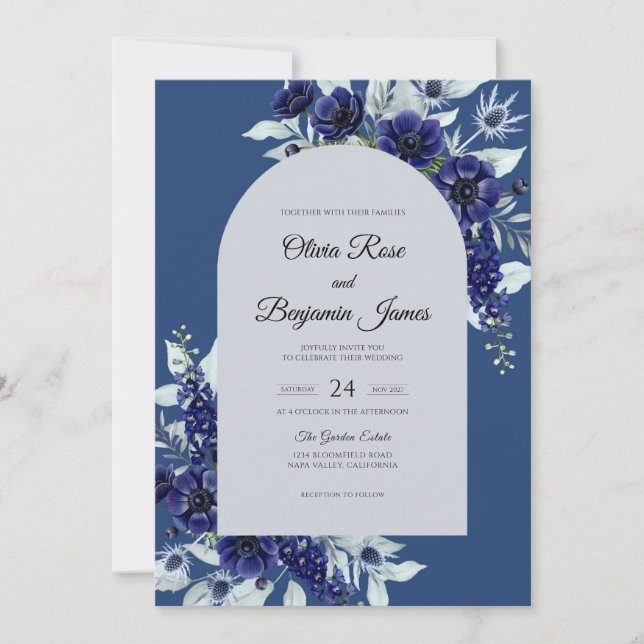Rustic Midnight Sapphire Bloom Wedding Invitation (Front)