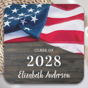 Rustic Military Graduation American Flag Patriotic Square Paper Coaster