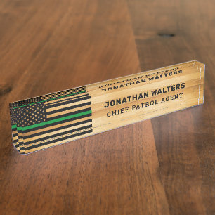 Rustic Military Officer Thin Green Line Flag Wood Nameplate