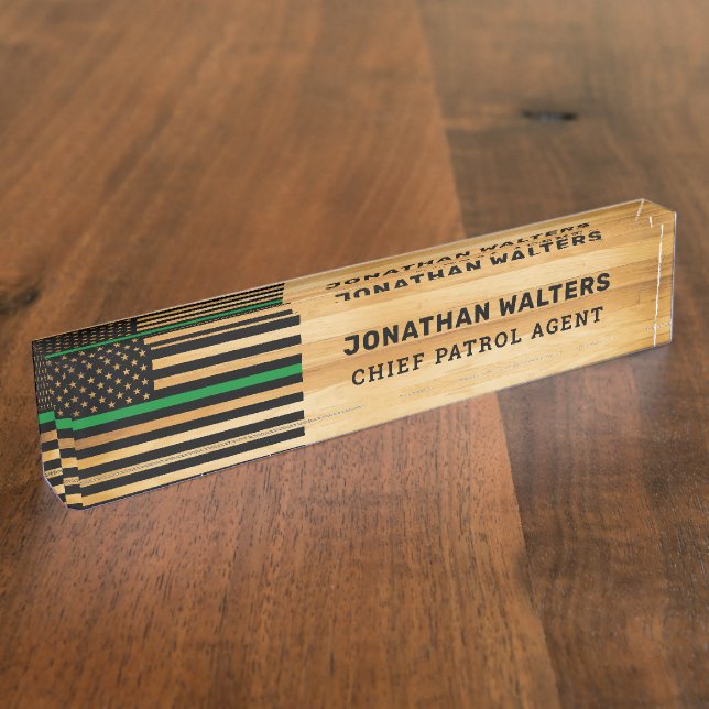 Rustic Military Officer Thin Green Line Flag Wood Nameplate (Side)