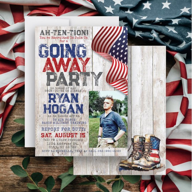 Rustic Military Photo Going Away I Farewell Party Invitation (Rustic Military going away farewell party invitation, custom photo, vintage combat boots, USA flag)