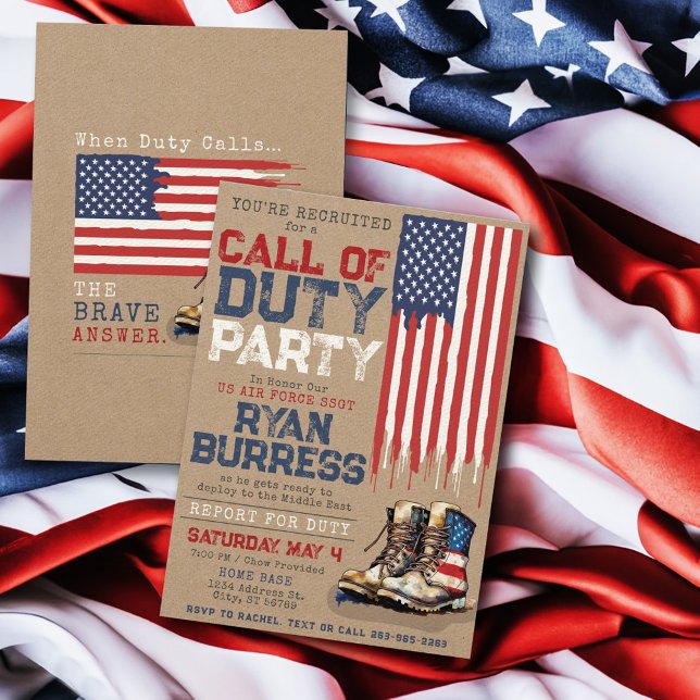 Rustic Military US Flag Deployment Farewell Party Invitation (Rustic kraft US flag and patriotic boots Call of Duty military Air Force navy army deployment party)