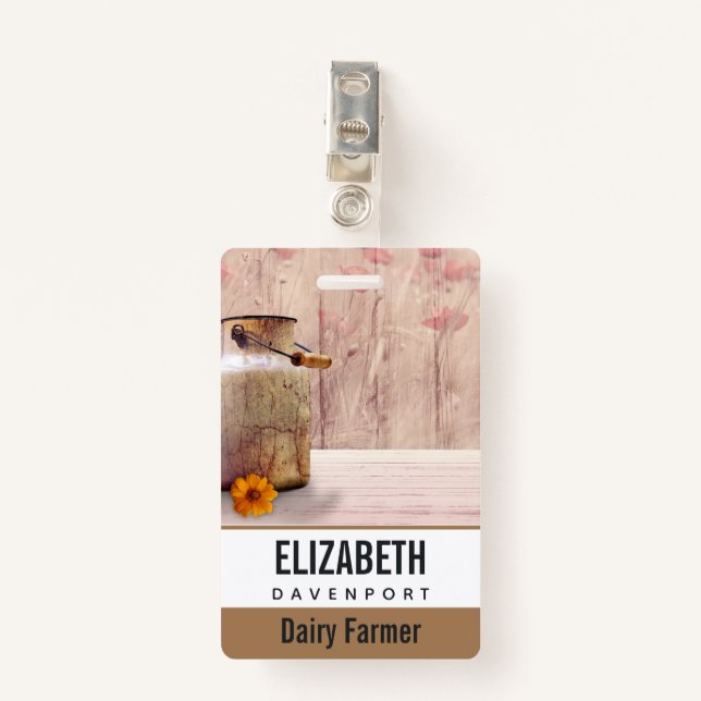 Rustic Milk Can Country Style on Wood ID Badge (Front with Clip)