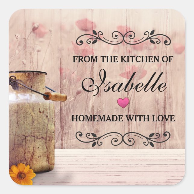 Rustic Milk Can Country Style on Wood Kitchen Square Sticker (Front)