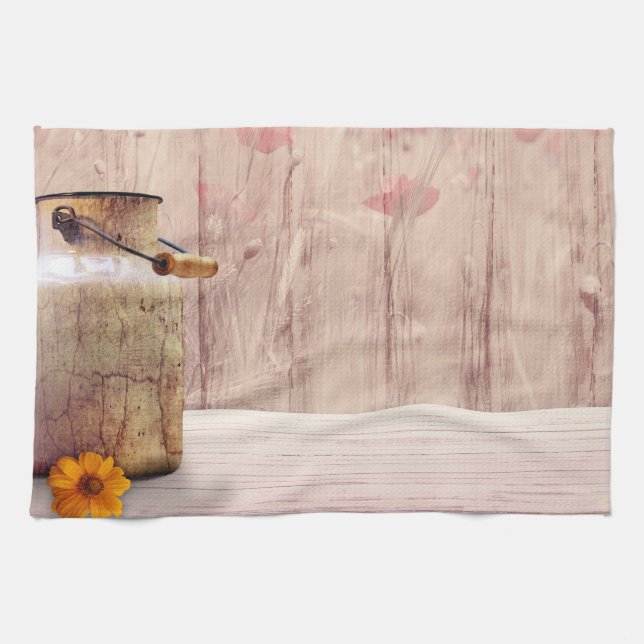 Rustic Milk Can Country Style on Wood Tea Towel (Horizontal)