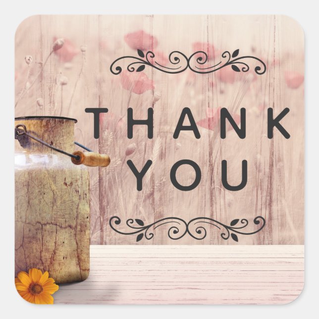 Rustic Milk Can Country Style on Wood Thank You Square Sticker (Front)