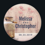 Rustic Milk Can Country Wedding Date Magnet<br><div class="desc">Wedding commemorative / save the date magnet with your personalized names and wedding date. Designed with a rustic country theme. An old rusting milk can with wheat and faded red flowers in the background set against a faint wood panel.</div>
